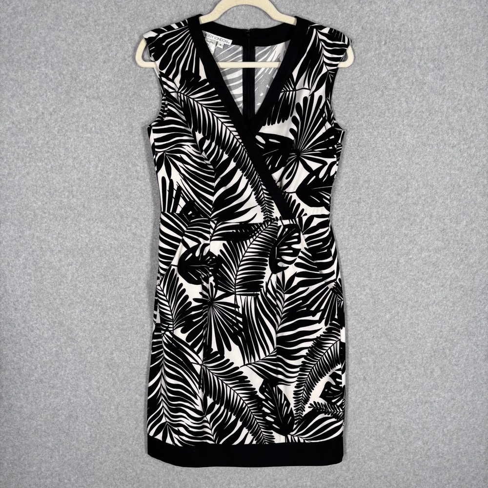 Maggy London Tropical Palm Print Sheath Dress 6 Black White Pockets Faux Wrap